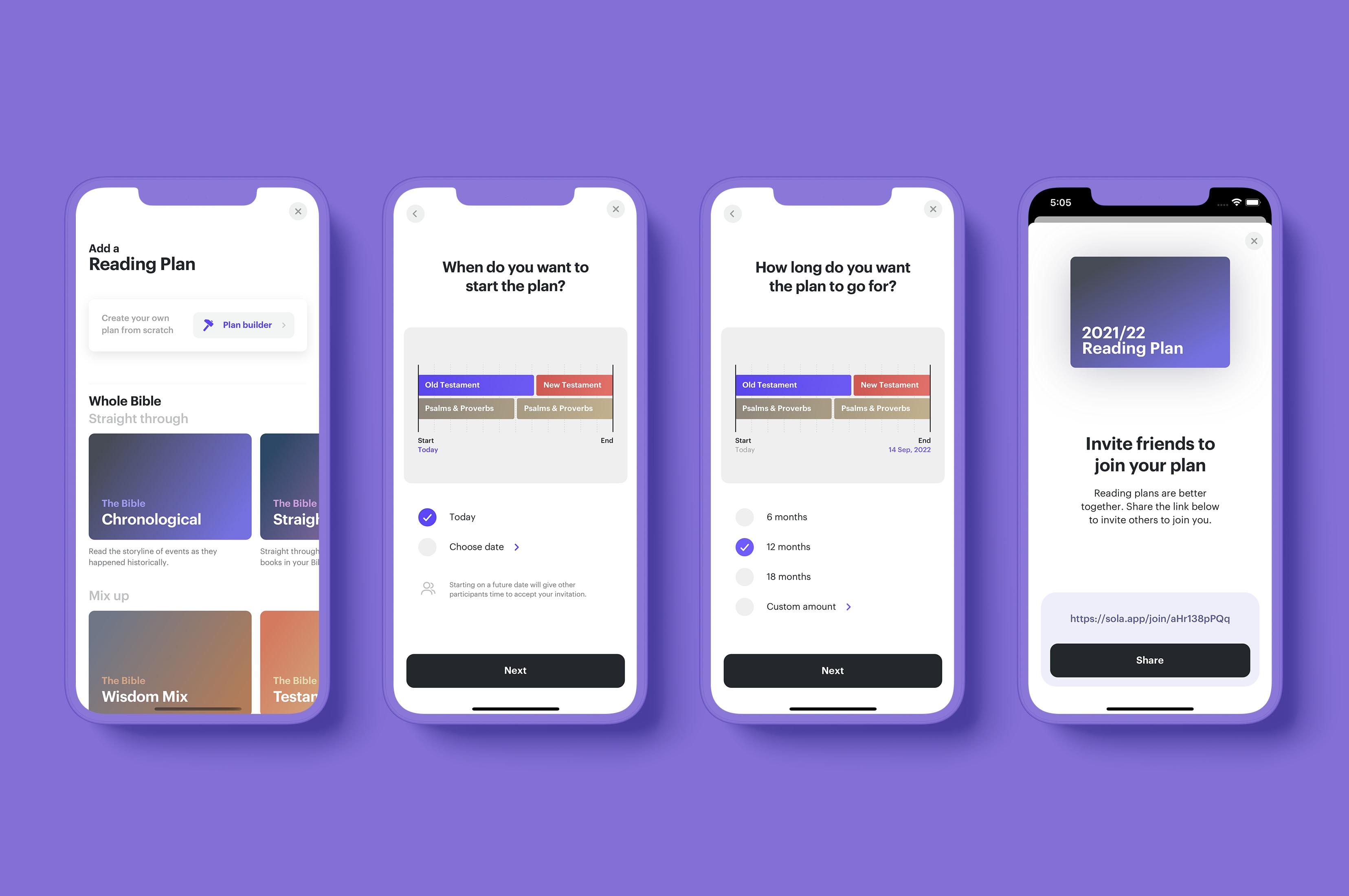 Screens from the plan creation process in the Sola mobile app.