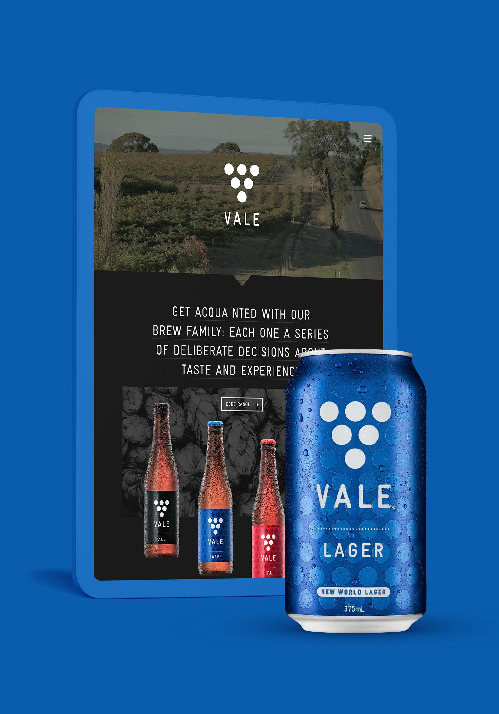 Vale Brewing website on a tablet device with their 375ml can packaging.